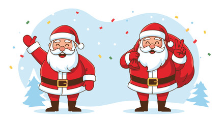 Two cartoon Santas, one waving and the other holding a gift bag, celebrating Christmas.