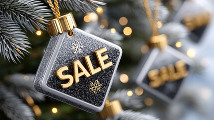 Black leather-like price tag featuring gold SALE lettering, surrounded by sparkling gold and silver beads, creating a luxurious and enticing visual for holiday discounts and special offers