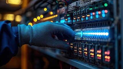 Gloved hand adjusting glowing electronic server rack lights