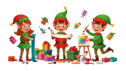 Elf Workshop's Festive Art: Amidst a vibrant workshop, elves with festive attire meticulously prepare gifts and create cheerful artwork, crafting the spirit of the joyous holiday season.