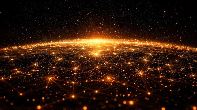 Global network of glowing golden nodes, creating a digital sphere