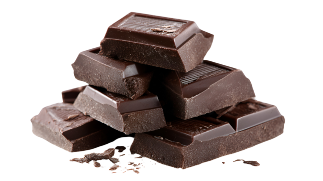 Rich dark chocolate chunks stacked against a black background