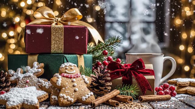 Christmas Gift Boxes and Gingerbread Cookies - This cozy video shows a stack of wrapped gift boxes with ribbons, alongside gingerbread cookies and cinnamon sticks on a Christmas table.