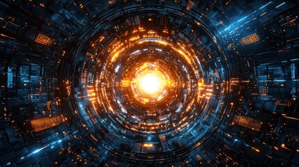 Glowing circular tunnel of futuristic, digital technology