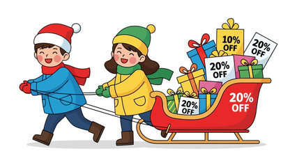 Winter Wonderland Sale: Two children, bundled in warm winter attire, joyfully pull a festive sleigh filled with enticing gifts adorned with vibrant 20% Off signs.