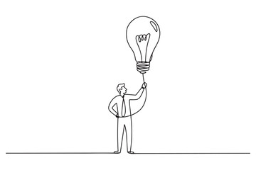 Illustration of businessman holding lightbulb as kite. Imagination and creativity. one line Icon drawing with white background