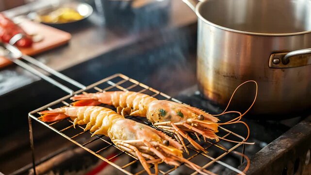 Spiny Lobsters Sizzling on Charcoal Grill at Thai Night Market with Garlic Butter and Herbs