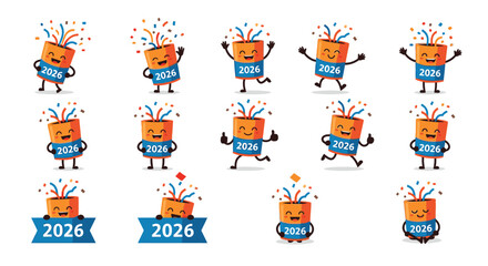 A collection of cartoon characters with "2026" on their bodies, celebrating with confetti explosions.
