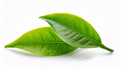 Fototapeta premium close up of two vibrant green tea leaves freshly sprouted isolated on a white background background removed