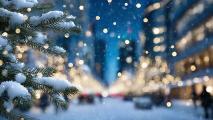 Close-up of Christmas tree branches dusted with fresh snow, glowing golden fairy lights sparkling, blurred festive city street in background with copy space - Powered by Adobe