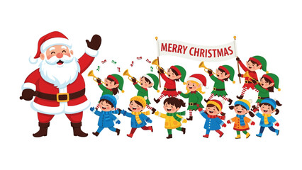 A festive Christmas procession: The joy of the holiday season comes to life, a jolly Santa leads a parade of cheerful kids in winter attire, and elves bearing festive signs, and ringing bells