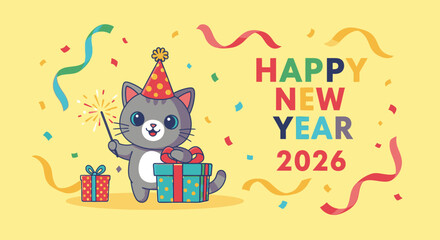 A cartoon cat celebrates the New Year with gifts and sparkler in a festive setting.