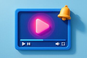 Glowing play button on blue screen with notification bell