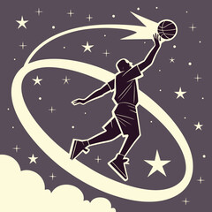 Fototapeta premium Silhouette Basketball Player Dunking Under Starry Sky jumping
