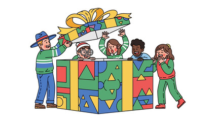 Festive Gift Opening: A group of excited children collaborate, unboxing a large, vibrantly decorated gift. Capturing the thrill of a shared moment.