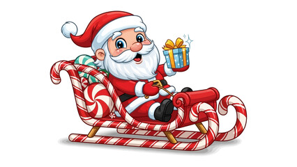 Festive Santa's Journey: A cheerful Santa Claus, rides in a candy cane sleigh, filled with gifts, spreading holiday cheer and the magic of Christmas.
