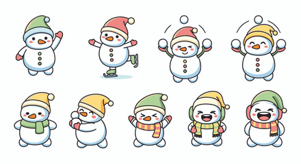 A collection of cartoon snowmen in various poses, wearing hats and scarves, expressing different emotions.