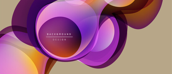 Abstract fluid shapes overlap, creating vibrant purple, orange gradients. Background design features text within central circle. Modern aesthetic.
