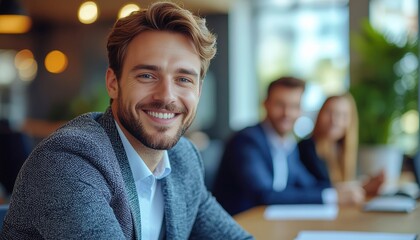 Fototapeta premium Business meeting with confident male professional smiling in modern office team collaboration warm atmosphere close-up perspective