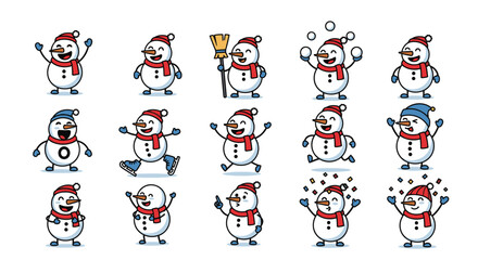 Collection of cartoon snowmen in various poses, wearing hats and scarves, expressing joy and winter fun.