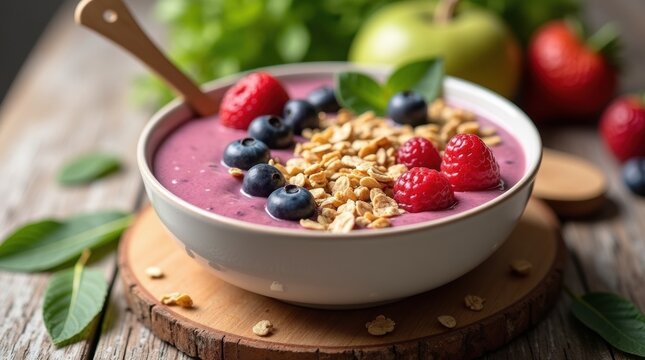 Enjoy a delicious berry smoothie bowl with fresh blueberries, raspberries and granola for a healthy breakfast or snack