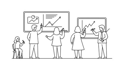Business people analyzing graphs on whiteboards