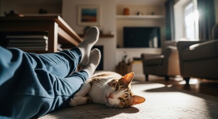 Cozy Scene of a Relaxed Cat Lounging with its Owner in a Sunlit Living Room
