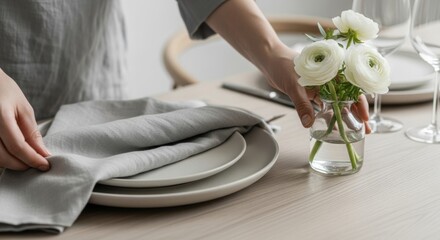 Elegant and Minimalist Table Setting with Fresh White Flowers
