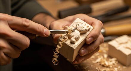Close-up of a Craftsman Carving a Wooden Figure with a Traditional Tool
