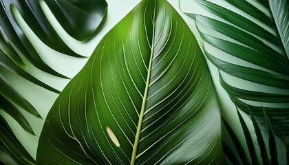 a close up of tropical leaves with pronounced veins is used in interior design botanical publications and natural cosmetics packaging