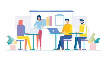 Obraz premium Diverse team collaborates in a modern office meeting presenting data on a whiteboard with laptops on tables