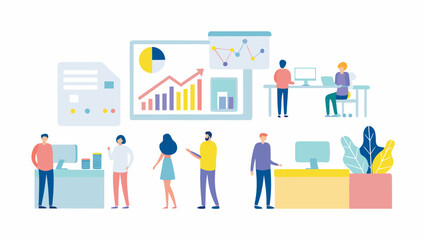 Obraz premium Diverse group of people collaborating in a modern office environment with charts and graphs illustrating business growth and data analysis