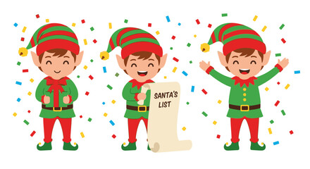 Three cartoon elves in green and red outfits, one holding Santa's list, surrounded by colorful confetti.
