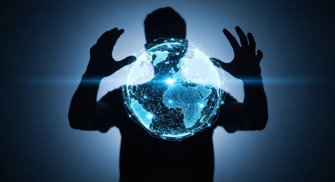 Global Network Connection Concept with Silhouette Person Holding Globe