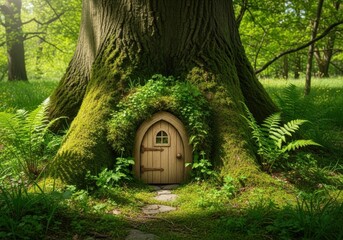 Enchanting fairy door nestled in the roots of a large, mosscovered tree in a lush green forest, evoking a sense of magic and wonder