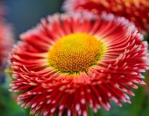 close up of pomponette english daisy blossoms featuring vibrant red petals and yellow centers