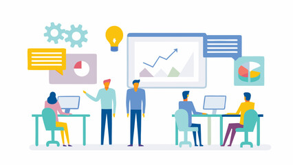 Obraz premium Diverse team collaborating in a modern office environment with charts and graphs illustrating business growth and ideas