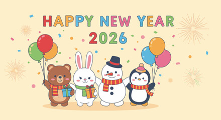 Adorable cartoon animals celebrating the New Year together with balloons and gifts.