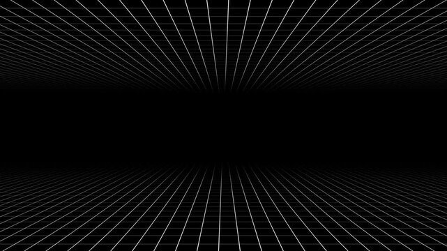3D infinite white grid tunnel seamless loop animation with grid line top and bottom moving right and left on black background. 4K animated background for tech, vj loop, editing, and motion graphics.