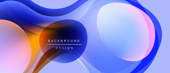 Abstract fluid shapes, vibrant colors blend. Blue, orange, purple gradients create dynamic background design. Modern aesthetic.