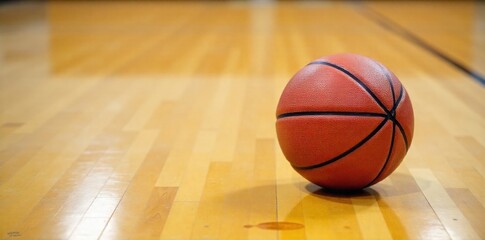 A single, well used basketball resting on a polished wooden gymnasium floor under dramatic lighting. A single, well worn basketball rests centered on a polished, gleaming hardwood gymnasium floor.