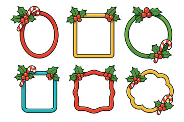 Holiday frames with holly decorations for festive designs. Set of 6 vector illustration