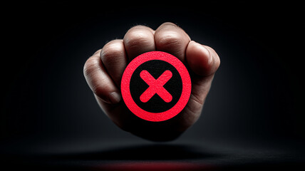 Hand holds a cancellation symbol expressing strong disapproval in dark setting