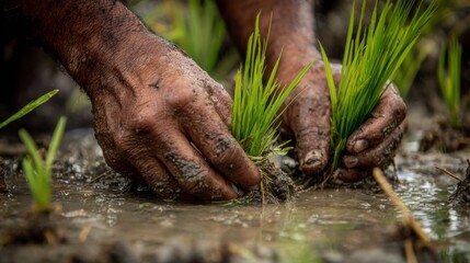 Close-Up of Hands Planting Rice Seedlings in Muddy Water Field Under Daylight, Featuring Lush Green Shoots and Rich Brown Soil