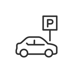 Car with parking sign, linear icon. Vehicle parking area and location. Line with editable stroke.