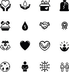 Collection of sixteen black and white donation and charity related vector icons on white background