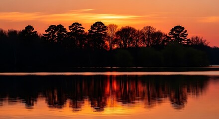 Naklejka premium Sunset over the lake with trees reflecting in the water, orange sky.