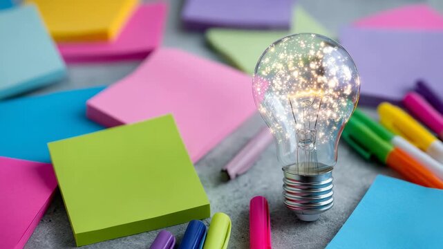Overhead view of a creative desk filled with vibrant sticky notes, scattered markers, and a glowing lightbulb centerpiece symbolizing innovation and brainstorming