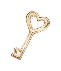 Watercolor illustration of a golden key with a heart. Hand-drawn illustration of a cute key. Valentine's Day card design and layout.