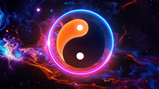 Vibrant yin yang symbol glowing in a cosmic nebula with stars and colorful clouds, representing balance and harmony in the universe